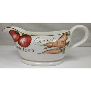 Vintage Red Pepper Mushrooms Carrots Tomatoes Gold Rim Ceramic Gravy Boat